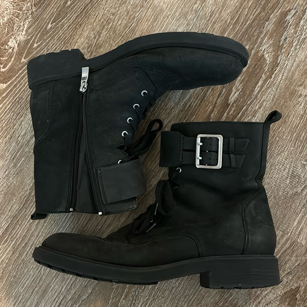 Clark’s black leather combat boots with a buckle size 11.5